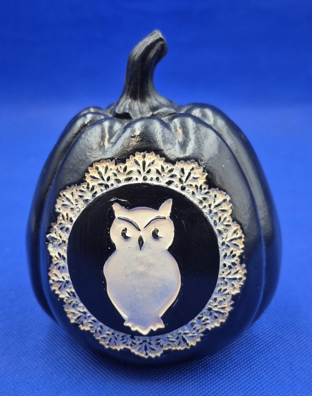 Halloween Decoration 6" Black Pumpkin White Incised Owl